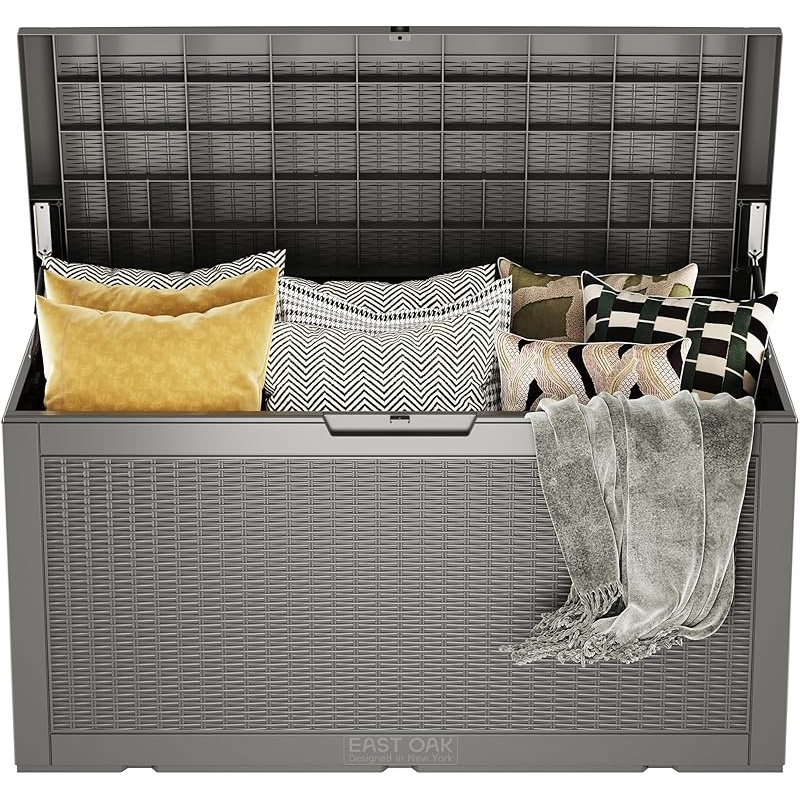 EAST OAK Outdoor Storage Box, 100 Gallon Deck Box, Waterproof Resin Storage Bench for Patio Cushions, Gardening Tools, Pool Accessories, Lockable, UV Resistant